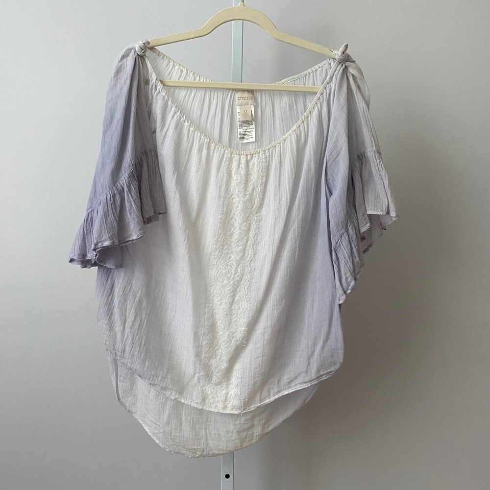 Chico's Cotton Boho Beachy Lace Ruffle Ombre Peasant Top Size 0 White Purple